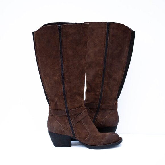 BORN Brown Suede Tall Leather Boots 9.5M Block Heels Buckle Side Zip Distressed - Picture 7 of 12
